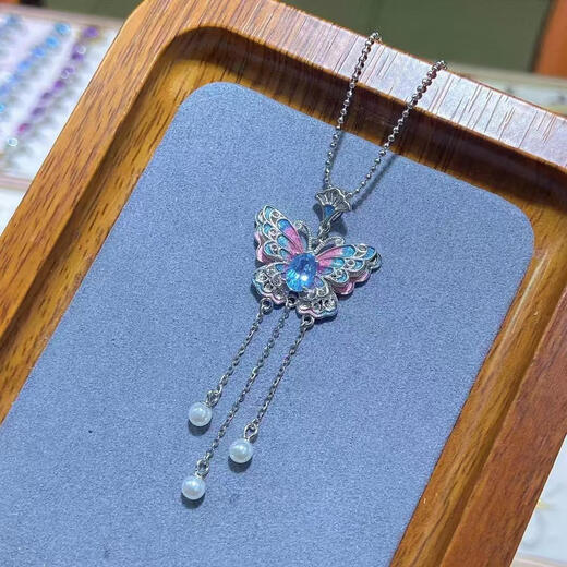 Shilian 925 silver inlaid, non-fading, non-allergenic, topaz, tanzanite, painted butterfly necklace, Chinese style, fidelity, certificate for women, topaz sky blue pendant