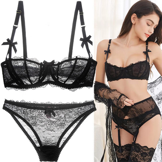 Victoria Palace sexy bra set push-up sexy underwear women's thin cup lace half cup ultra-thin bra set black second generation ultra-thin 85C 38 /XL underwear