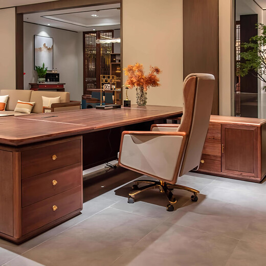 Ningqiu Luoge (NICHLORT) New Chinese style desk President's desk High-end North American black walnut solid wood boss's desk Chairman's desk 2.6m desk + side cabinet Black gold wood