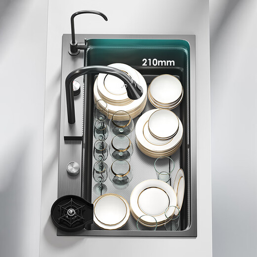 JOMOO Millet Grain Sink Nano 304 Integrated Stainless Steel Large Single Slot Multi-Function Sink Washing Basin Gun Black 6845 (C Package) Raindance Faucet