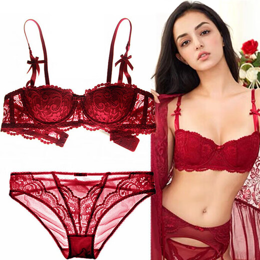 Victoria Palace sexy bra set push-up sexy underwear women's thin cup lace half cup ultra-thin bra set black second generation ultra-thin 85C 38 /XL underwear