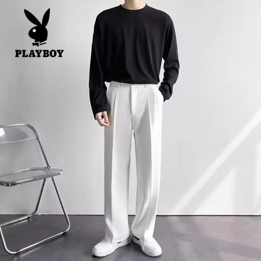 Playboy (PLAYBOY) white trousers for men in spring and autumn, handsome, loose, high street, wide-legged, drapey, casual straight suit trousers, white style 34
