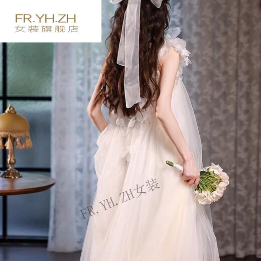 FR.YH.ZH晨袍女新娘结婚仙气吊带订婚礼服裙新款领证法式旅拍轻婚纱小个子 白色 无拖尾 S