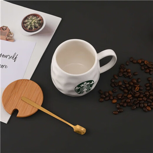 Starbucks (Starbucks) cup limited edition simple European water cup mug household ceramic cup small gift Starbucks style coffee cup breakfast p style (cup + spoon + bamboo lid) 450ml