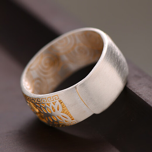 Luotai Old Silversmith 990 pure silver gold-painted six-word mantra ring men's national style light luxury solid ring gift gold-painted mantra ring (adjustment range 16-24#)