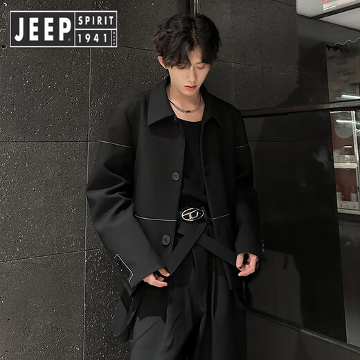 JEEP SPIRIT Jeep Boys Shoulder Pad Blazer Autumn and Winter Old Money Style Jacket Short Handsome Casual Suit Black XL