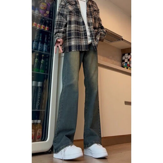 KFPF Summer Gradient Retro Blue Jeans Men's Straight Slim High Thaist Bell-Bottom.