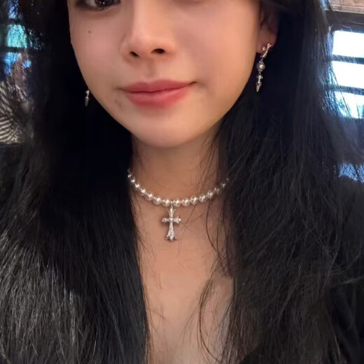 Pop Cross Pendant Natural Freshwater Pearl Necklace Women's Light Luxury Niche 2025 New Trendy Clavicle Chain Advanced Necklace Seiko Silver Universal Buckle (Contains One Pearl)