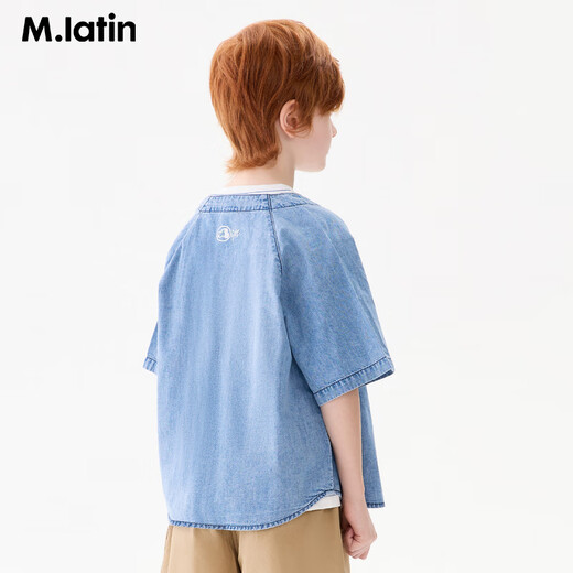 M.Latin M.Latin Children's Clothing Children's Shirt 25 Summer Clothes New Men's and Big Children's Resort Style Printed Short-Sleeved Shirt Denim Light Blue 120