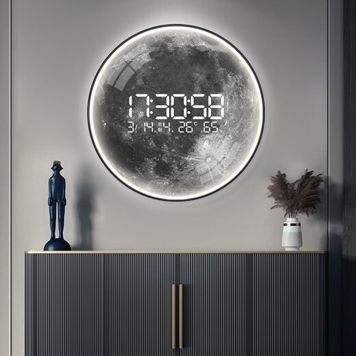 Petite peinture horloge haut de gamme circulaire de lune circulaire salle à manger suspendue accrochage de l'horloge électronique horloge salon 2025 Nouveau style entrée peinture décorative horloge zp3893 [écran d'affichage numérique LED être toujours réglé sur] 24 pouces 60 * 60cm [pas de style léger]
