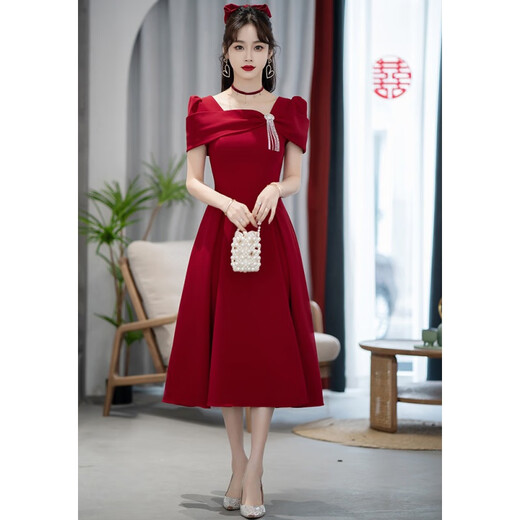 Miaomiaoxi Toast Wear Bride 2025 New Red Return Wear Engagement Clothes Women's Dress Skirt Wedding Day Casual Wear Slim Red XL