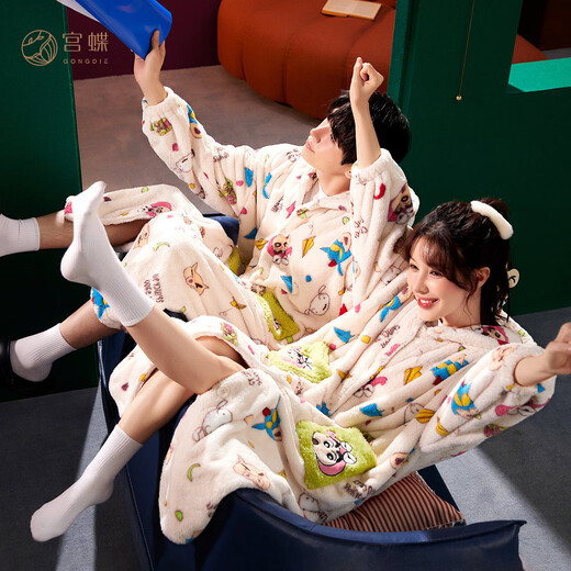 Gongdie Coral Velvet Couple Pajamas Women's Autumn and Winter Warm Crayon Shin-chan Joint Men's Pajamas Home Clothes XYT-LBXX23766 Female (Apricot Plush) M (Recommended 80-140 Jin Jin equals 0.5 kg)