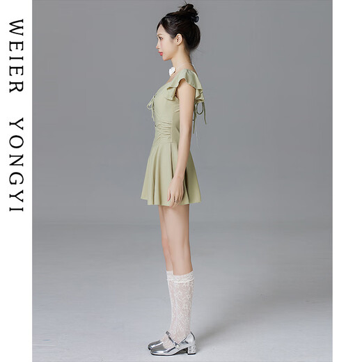 Lugeli swimsuit for women, bathing in hot springs to cover the belly and make the body look slimmer, small breasts gathered to cover the belly, ins style small flying sleeves resort swimsuit, green swimsuit, one size fits all, recommended 80-120Jin Jin is equal to 0.5 kg