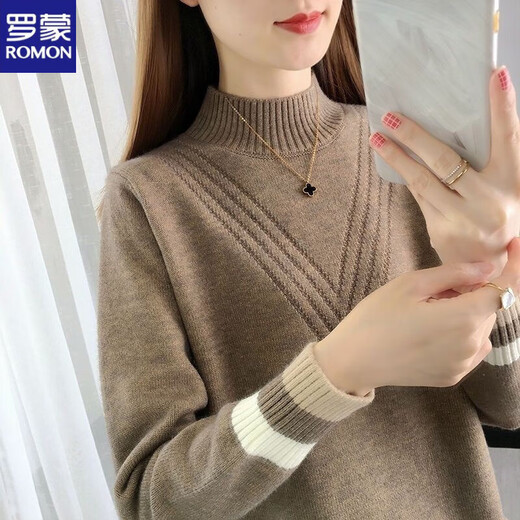ROMON Sheep Sweater Women's Plus Velvet Thickened Half-Turtleneck Sweater Women's Autumn and Winter New Loose Western Style Warm Knitted Bottoming Sweater Apricot Plus/Fleet Plus/Thick High Quality XL Recommended 120-130 Jin Jin equals 0.5 kg