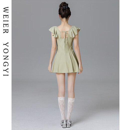 Lugeli swimsuit for women, bathing in hot springs to cover the belly and make the body look slimmer, small breasts gathered to cover the belly, ins style small flying sleeves resort swimsuit, green swimsuit, one size fits all, recommended 80-120Jin Jin is equal to 0.5 kg