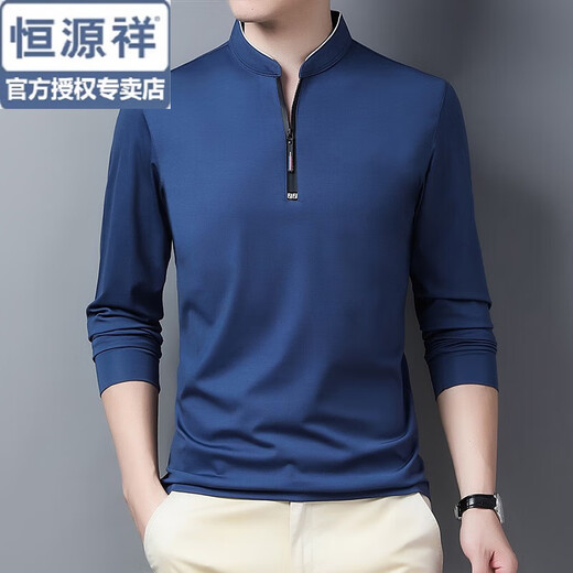 Hengyuanxiang T-shirt men's spring and autumn middle-aged sleeve tops men's 40-50 years old zipper stand collar bottoming shirt middle-aged ice silk T-shirt 6623 Royal Blue XL 175