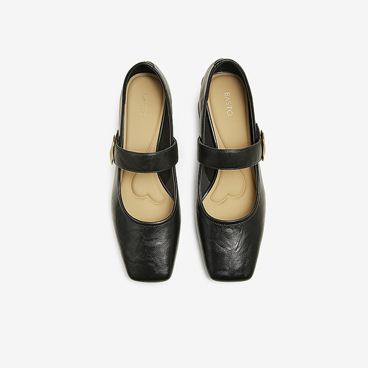 百思图25春复古玛丽珍鞋粗跟方头女单鞋M1509AQ5 黑色 34