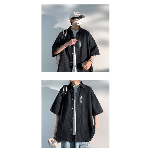 NASA MARVEL short-sleeved shirt men's summer lapel shirt casual wear half-sleeved men's jacket loose top white XL