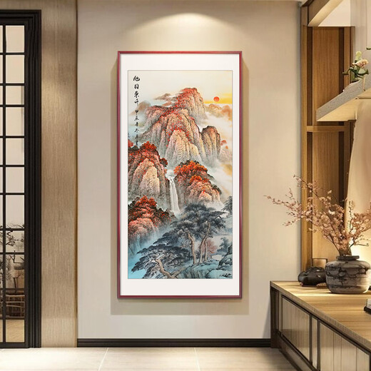 Good wood, the rising sun, hand-painted Mount Tai, sunrise, Chinese painting, entrance hall, central hall hanging painting, decorative painting, ink landscape painting mural, D-Hainan Baichuan, 60*120cm high-definition giclée, elegant walnut solid wood frame, solid wood thin frame