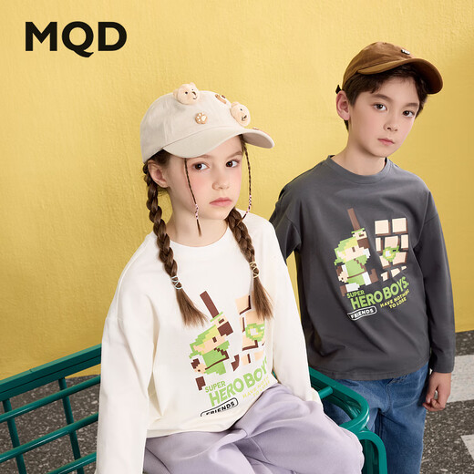 MQD boys' spring new arrival, college style long-sleeved medium and large children's cartoon letter tops, trendy and cool casual T-shirt, off-white 130