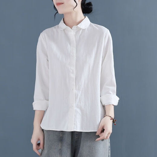 Doll collar pure cotton shirt for women in spring and autumn loose and versatile layered shirt college retro top J829 light green S (85-100Jin [Jin equals 0.5 kg])