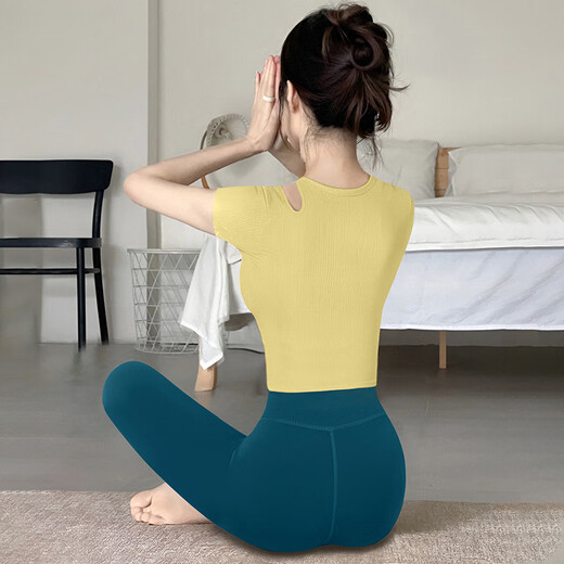 Shuangxiu beautiful yoga clothing set 2025 new versatile age-reducing short-sleeved professional Pilates sports and fitness clothing Tsingtao pear short-sleeved + royal blue pants suit S (80-100)