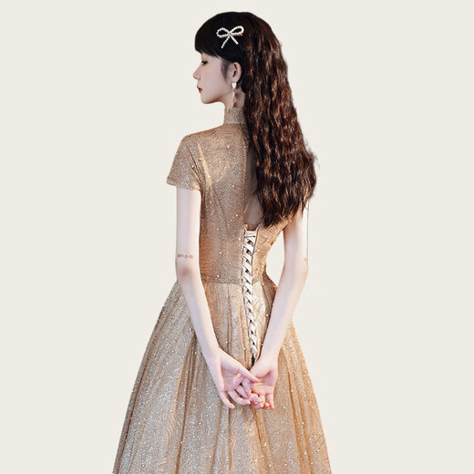 Rindu art candidate's music dress performance dress light luxury banquet host high collar art exam music student adult ceremony gold M