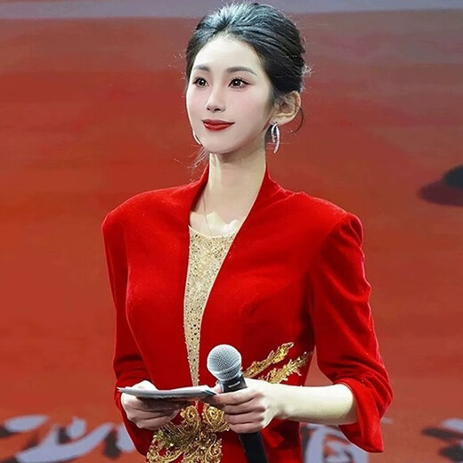 Li Baixin host evening dress 2025 new style red dignified and atmospheric national style annual meeting art test temperament performance costume women's long style red 4XL recommended 135-140Jin Jin is equal to 0.5 kg