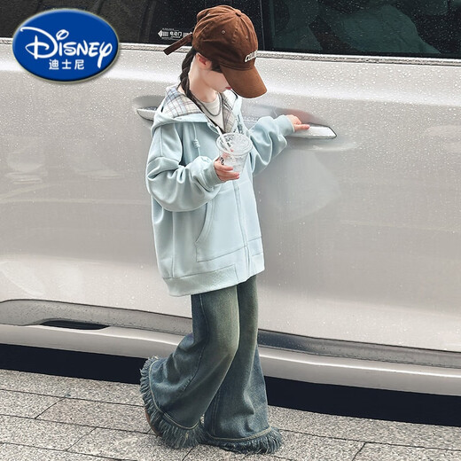 Disney Girls 'Jacke Frühlings- und Herbststil 2025 Neue modische Kinder doppelseitige Herbstkleidung modische Street Girl Plaid Sweatshirt 7027 Blau blau Plaid Doppelsieitiger Mantel 150 cm