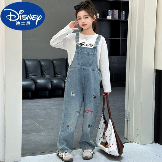 Disney (Disney) Girls Overalls Set 2025 New Children's Denim Overalls Korean Style Western Style Girls Overalls Two-piece Set Dachshund Denim Overalls Single Piece 160 cm