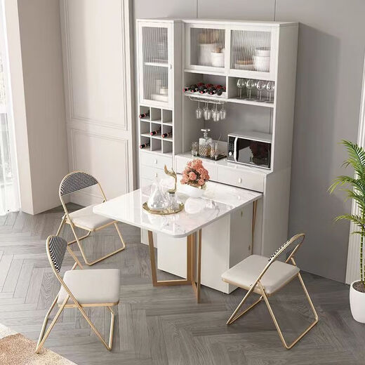 Hanpan slate folding dining table and sideboard integrated multifunctional storage and wine cabinet modern household small apartment retractable dining table Folding dining table cabinet + wine cabinet * 2 + 4 chairs Solid wooden board + delivery and installation