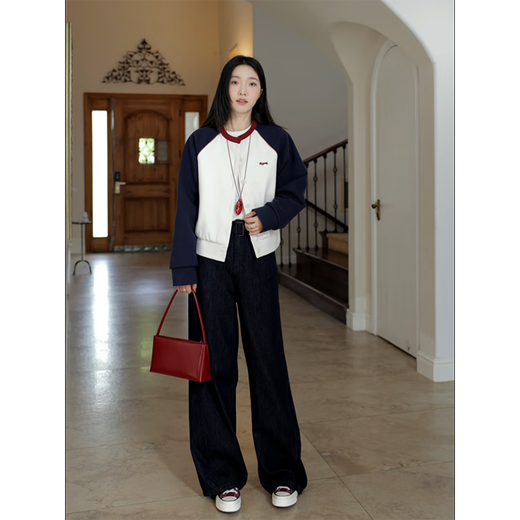 Guo Jiujiu Retro Contrast Color Embroidered Raglan Sleeves Cotton Jacket Woolen Jacket Scimitar Jeans G924T17152 Suit (Coat + Jeans) S One Size