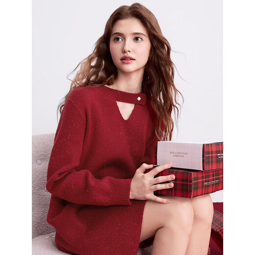 Betu women's new winter dress V-neck bright silk hollow bottom skirt dress female 2412T24 red XS
