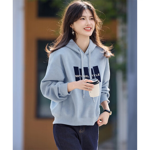 Shangjing Letter Color Block Hooded Sweatshirt Women's 2025 Autumn New Loose Casual Versatile Drawstring Top Blue L