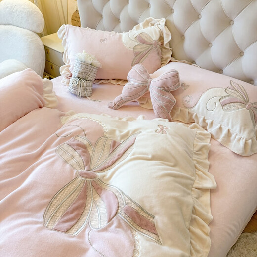 Tao Crystal Light Luxury Class A Thickened Milk Velvet Appliqué Embroidered Four-piece Baby Velvet Bedsheet Quilt Cover Princess Girl Warm Bedding Bow-Pink Class A 9Jin Jin is equal to 0.5kg. Free pillows on both sides. 1.8m bed sheet. Quilt cover 200*230