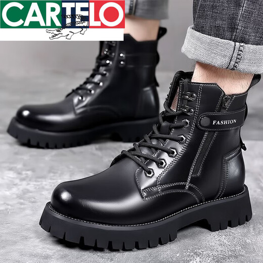 Cartelo Martin Boots Herren 2025 Herbst Neuer High-Top-High-Top-Leder-Wollwolle Winter und Samt-Baumwoll-Lederschuhe mittlerer Arbeit mit dick lösten kurzen Stiefeln schwarz