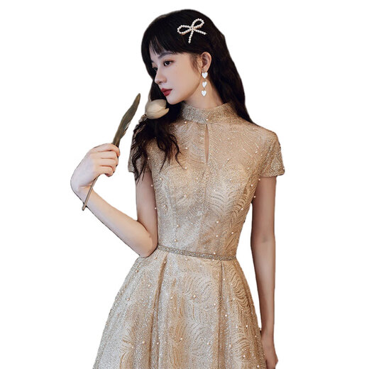 Rindu art candidate's music dress performance dress light luxury banquet host high collar art exam music student adult ceremony gold M