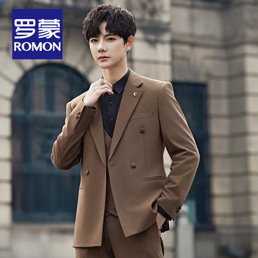 ROMON Groom's Suit Men's Suit Wedding Dress British Double-breasted Suit Korean Style Slim Business Casual Formal Wear Fashion Brown Suit+Trousers XL