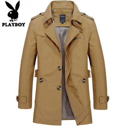 Playboy Cotton Men's Windbreaker Mid-Length Spring and Autumn Large Size Short Work Jacket Top Coat Plush Jacket Dark Khaki Plush XL