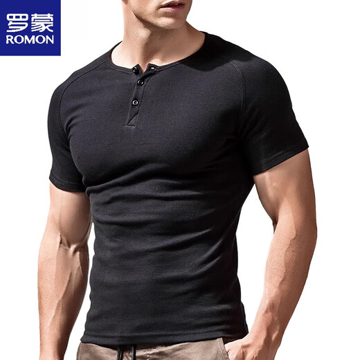 ROMON Henry shirt men's short-sleeved T-shirt Henry collar American retro heavyweight cotton tight slim short-sleeved bottoming shirt spring and autumn black (short-sleeved) T1781 M 90-Jin Jin equals 0.5 kg