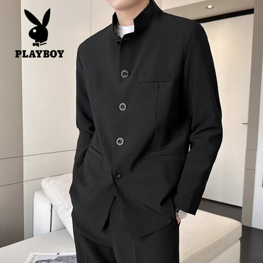 Playboy (PLAYBOY) New Chinese style tunic suit handsome stand collar national style suit jacket suit dress casual Tang suit shoulder pad black jacket + pants belt 2XL