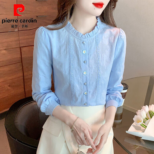 Pierre Cardin velvet white shirt women's fashionable long-sleeved chiffon top 2026 new autumn and winter lace versatile blue 1 L 106-115Jin Jin equals 0.5 kg