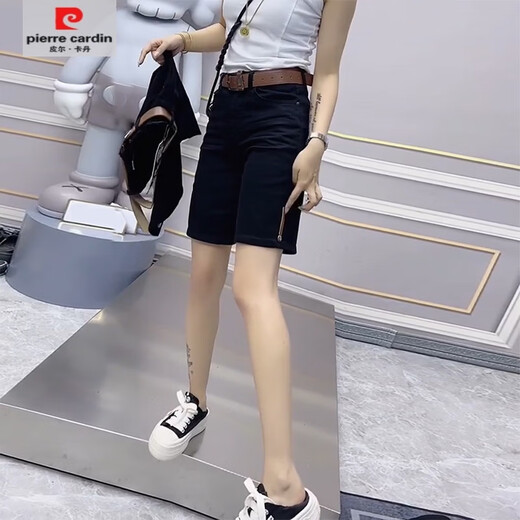Pierre cardin [3886 people collect] Large size black denim shorts for women's summer thin style high waist elastic fat mm covers the hips and makes them look slim and small. Black. No belt. M. Recommended 90-105 Jin [Jin equals 0.5 kg]