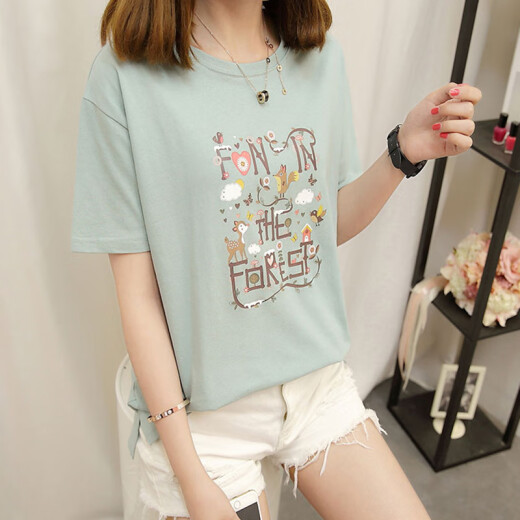 JOYOFJOY summer women's casual loose Korean cartoon print round neck short-sleeved T-shirt women's tops female JWTD202790 green L