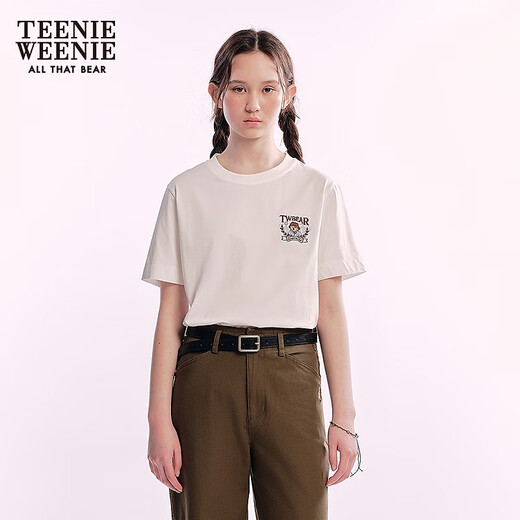 
Teenie Weenie Bear T-shirt for women 2025 summer new vibrant casual simple basic solid color embroidered short-sleeved T-shirt for women ivory white S