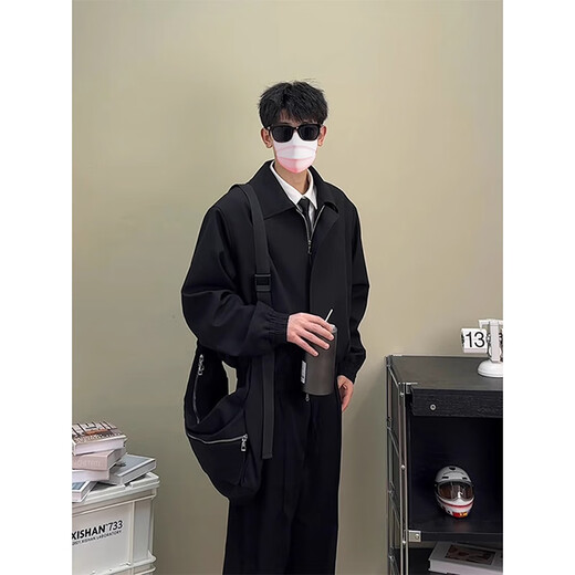 POUM short jacket for men in spring, autumn and winter, American retro trendy loose executive shoulder pad blazer jacket JFFS-847 black XL (size is too small, it is recommended to choose one size larger)