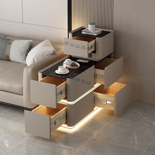 Ziyunshan sofa side table armrest cabinet with light and socket light luxury and high-end small apartment living room multi-functional side cabinet storage cabinet Khaki color (male steak plug+light strip+wireless charging) black glass width 40*height (55+30)*length 90