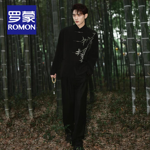 ROMON New Chinese Style Men's Suit Suit Bamboo Aircraft Button Stand Collar Jacket Groom Wedding Embroidered Mao Suit Men Black Embroidery Suit + Pants + Shirt 2XL (Recommended 171-200Jin Jin is equal to 0.5 kg)