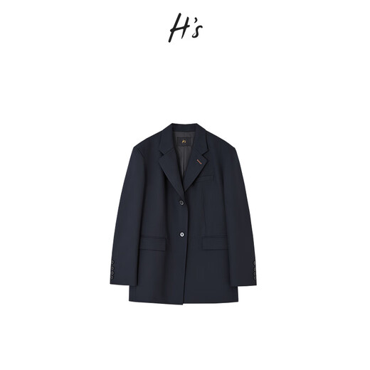 H s flat lapel haute blazer women's spring new high-end design wool blend H profile shoulder pad coat Navy L