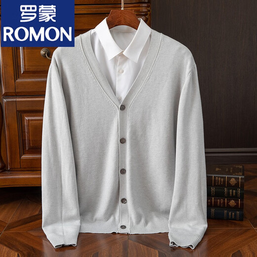 ROMON spring and autumn new style wool cardigan for men solid color knitted jacket loose V-neck sweater casual business top for men light gray without shirt 3XL 190-210Jin Jin equals 0.5 kg